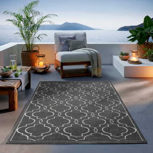 Outdoor Teppich Wetterfest Waschbar im modernen Florentiner Design | Für Drinnen und Draußen | Terrasse Balkon Garten Wohnzimmer Badezimmer Küche | Anthrazit Florentiner